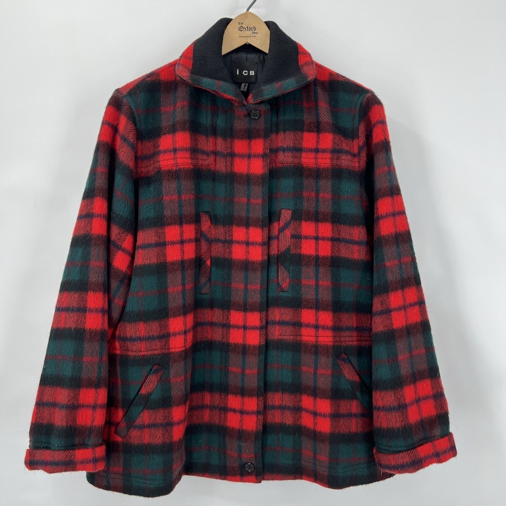 ICB Japan Red and Green‎ Plaid Wool Jacket Size 10 Work Chore Coat